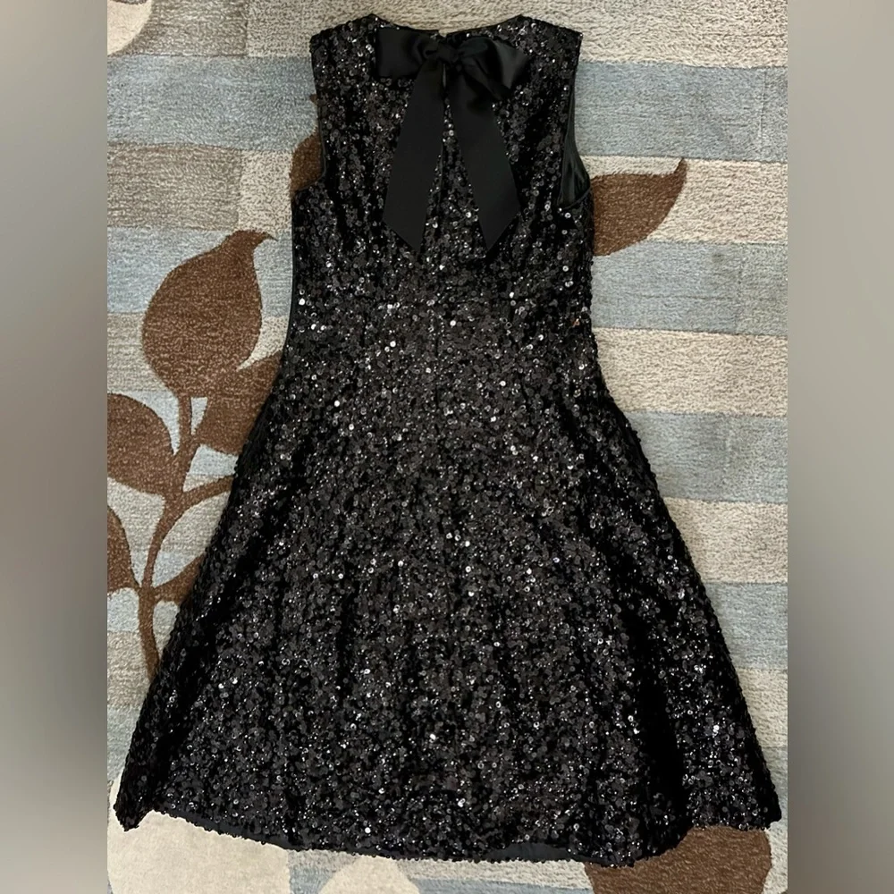 NWT Kate Spade Sleeveless Fit & Flare Black Sequin Dress Back Neck Bow. CL1